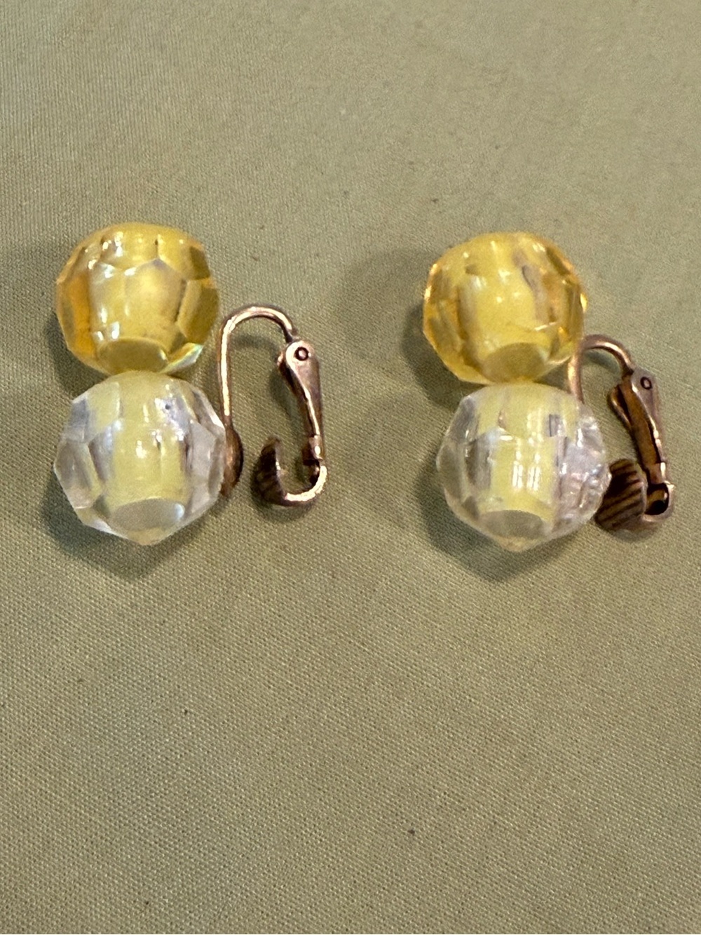 Vintage amber yellow & light yellow beveled beaded clip on earrings